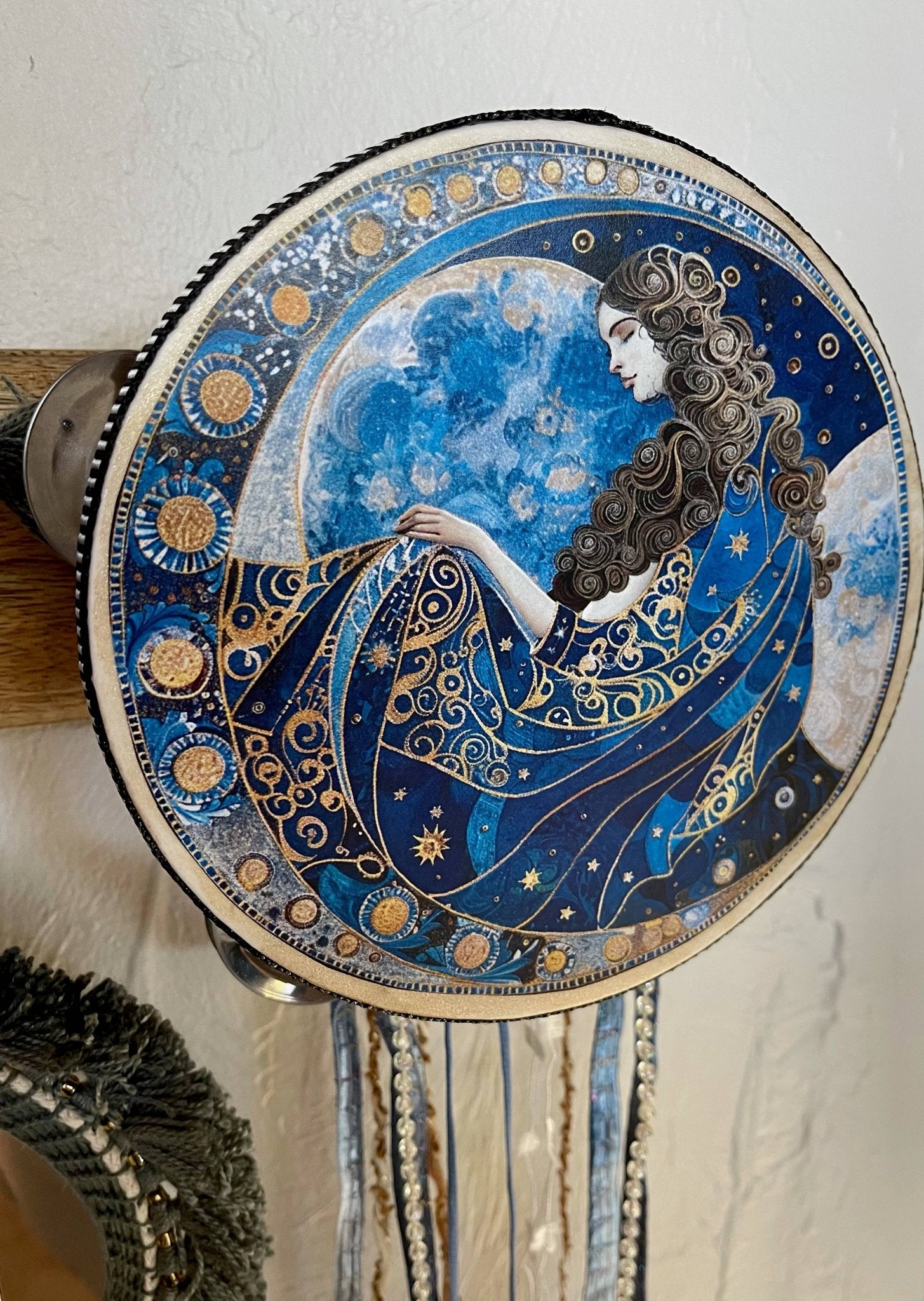 Beautiful Blue Moon Mystical Goddess Tambourine and Ribbon W - Spiral Circle