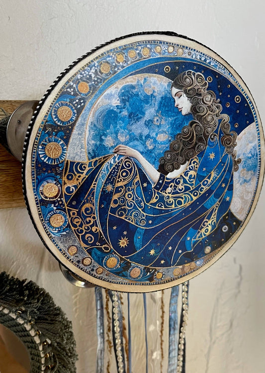 Beautiful Blue Moon Mystical Goddess Tambourine and Ribbon W - Spiral Circle