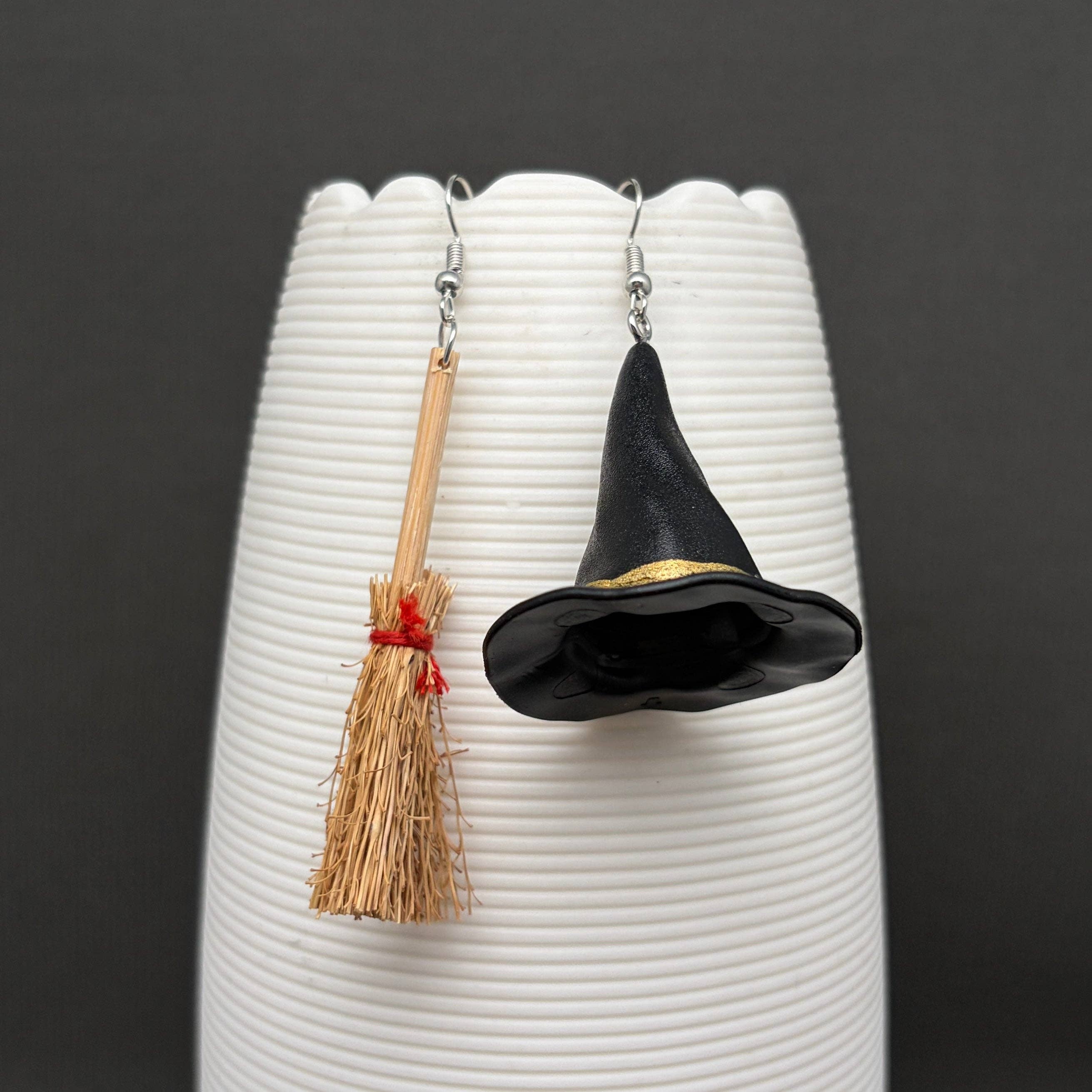Halloween Witch Hat & Broom | Dangle Earrings