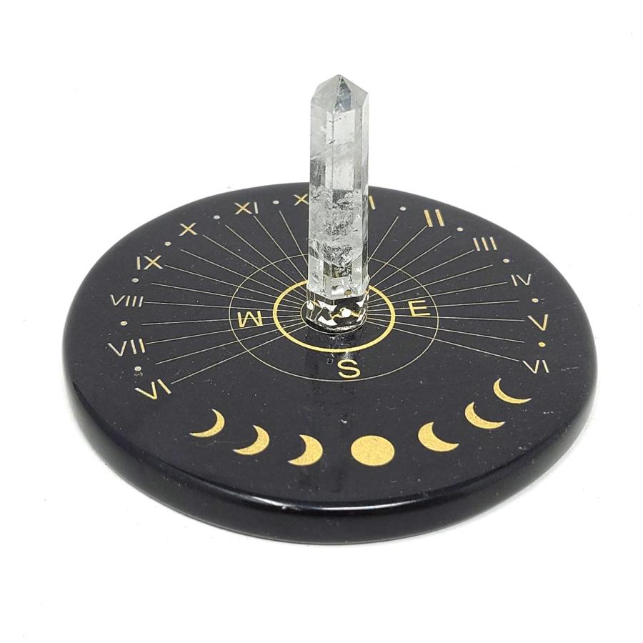 Black Agate Moon Phase Sun Clock Gold Printed Altar Tile w/ Crystal Quartz - Spiral Circle