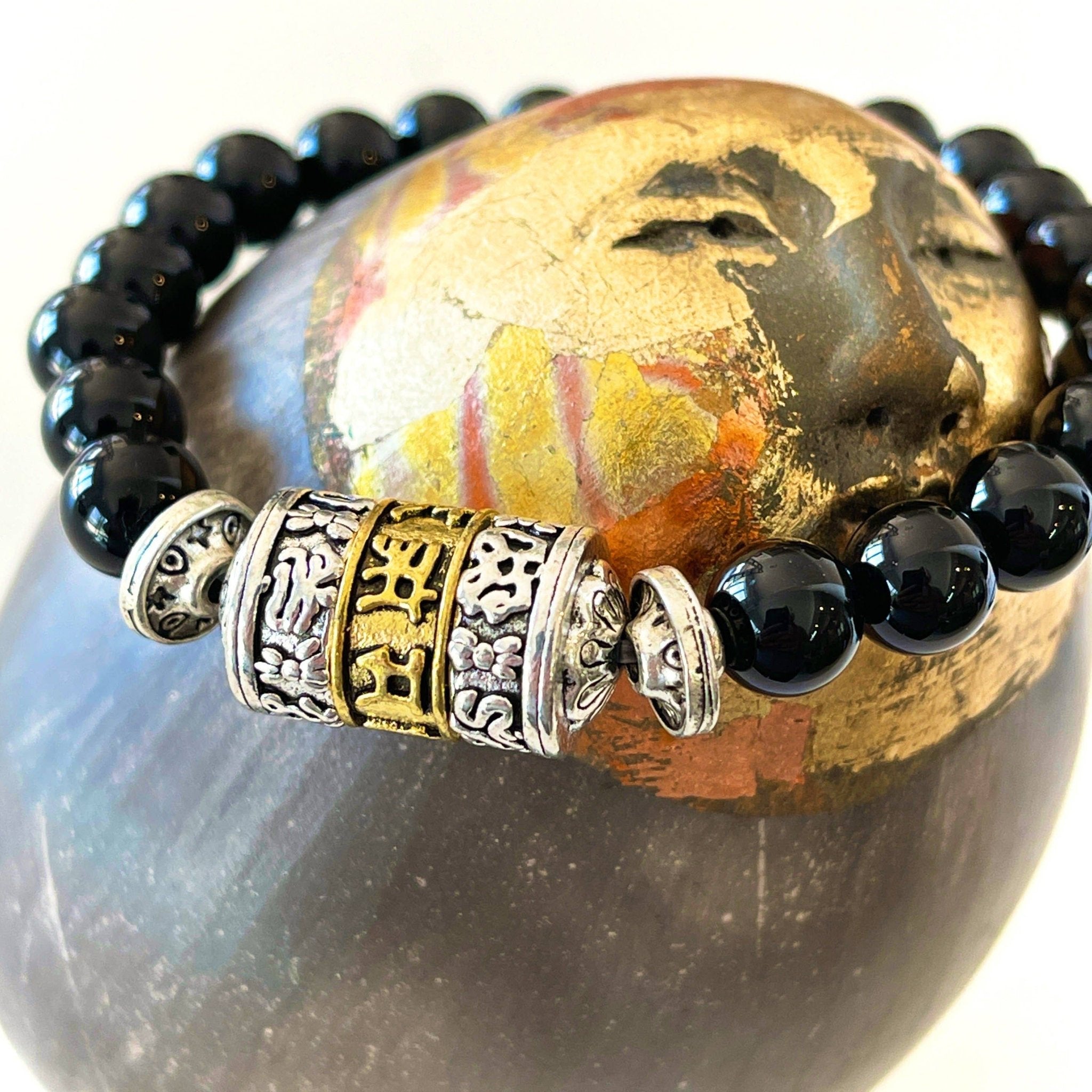 Black Agate Protective Mala Bracelet Om Mani Padme Hum Prayer Wheel - Spiral Circle
