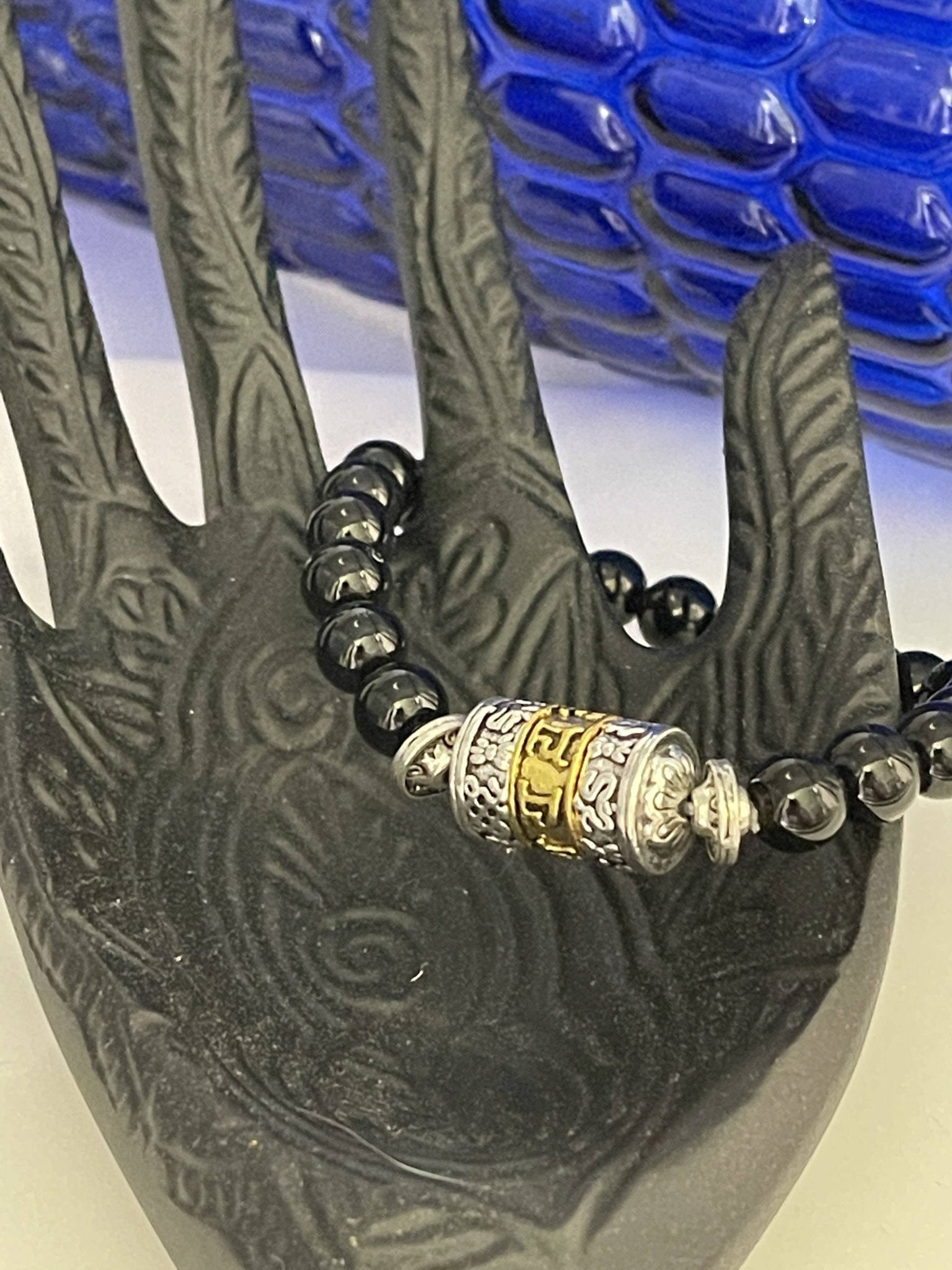 Black Agate Protective Mala Bracelet Om Mani Padme Hum Prayer Wheel - Spiral Circle