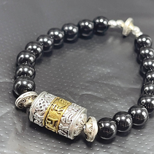 Black Agate Protective Mala Bracelet Om Mani Padme Hum Prayer Wheel - Spiral Circle