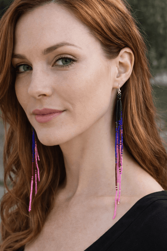 Black, Blue & Pink Seed Beaded Earrings - Spiral Circle