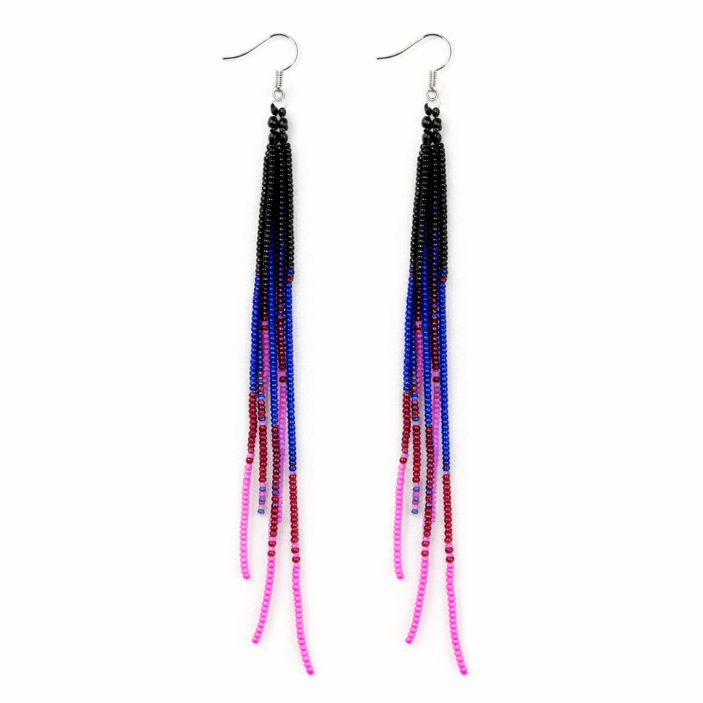 Black, Blue & Pink Seed Beaded Earrings - Spiral Circle