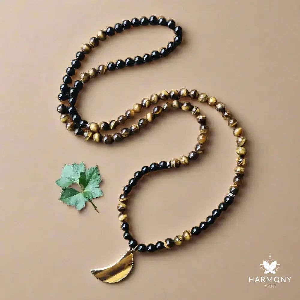 Black Onyx & Tiger Eye Moon Pendant 108 Bead Mala - Spiral Circle