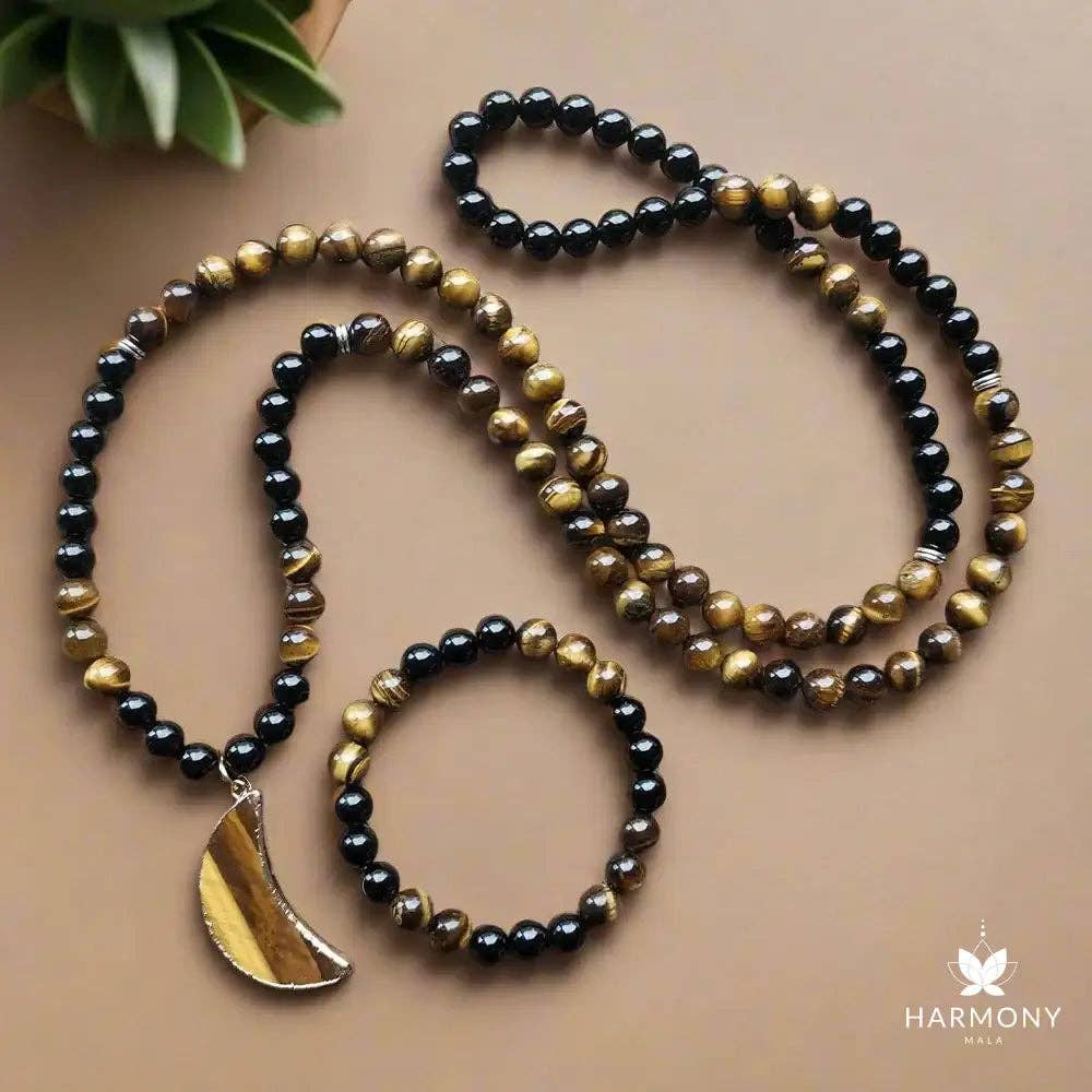 Black Onyx & Tiger Eye Moon Pendant 108 Bead Mala - Spiral Circle