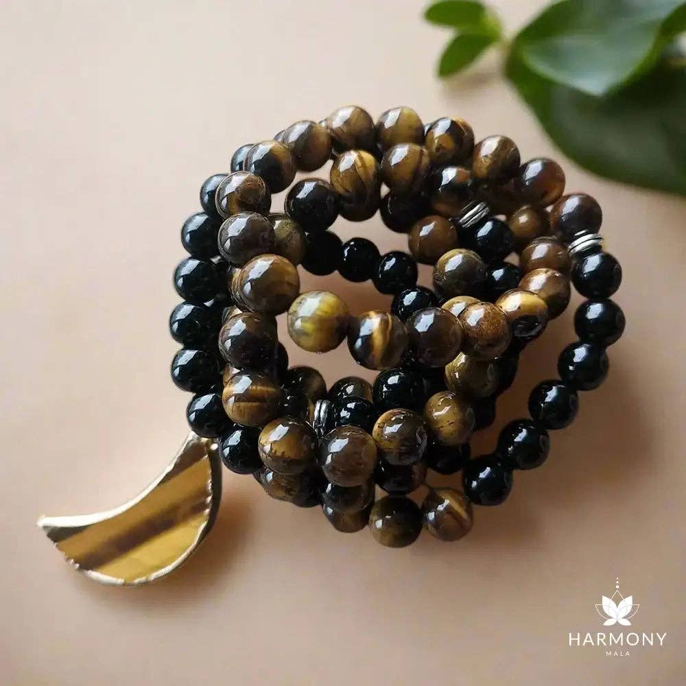 Black Onyx & Tiger Eye Moon Pendant 108 Bead Mala - Spiral Circle