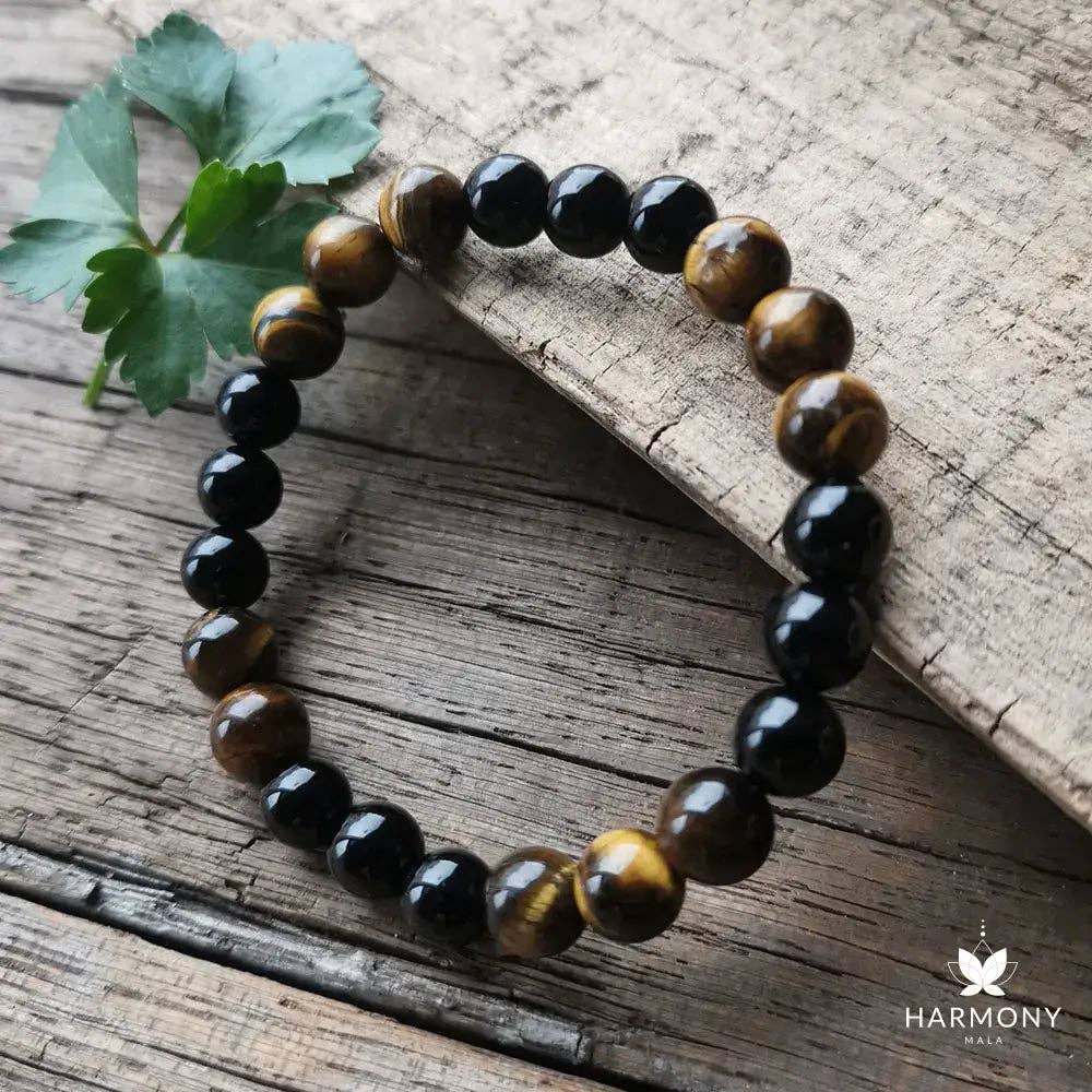 Black Onyx & Tiger Eye Moon Pendant 108 Bead Mala - Spiral Circle