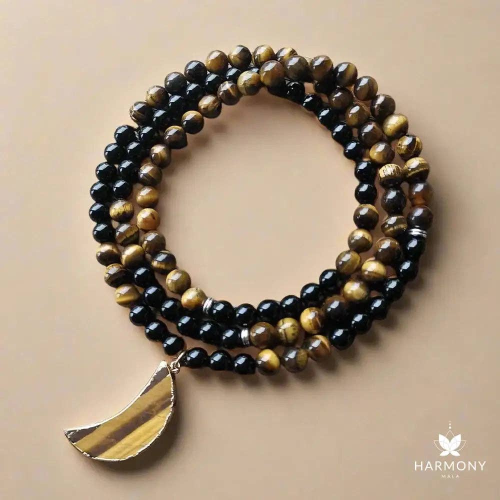 Black Onyx & Tiger Eye Moon Pendant 108 Bead Mala - Spiral Circle