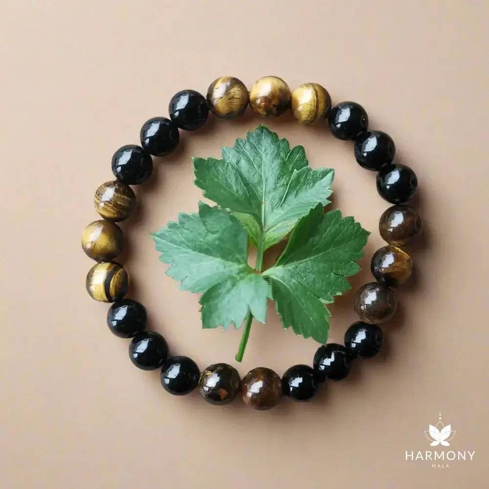 Black Onyx & Tiger Eye Moon Pendant 108 Bead Mala - Spiral Circle