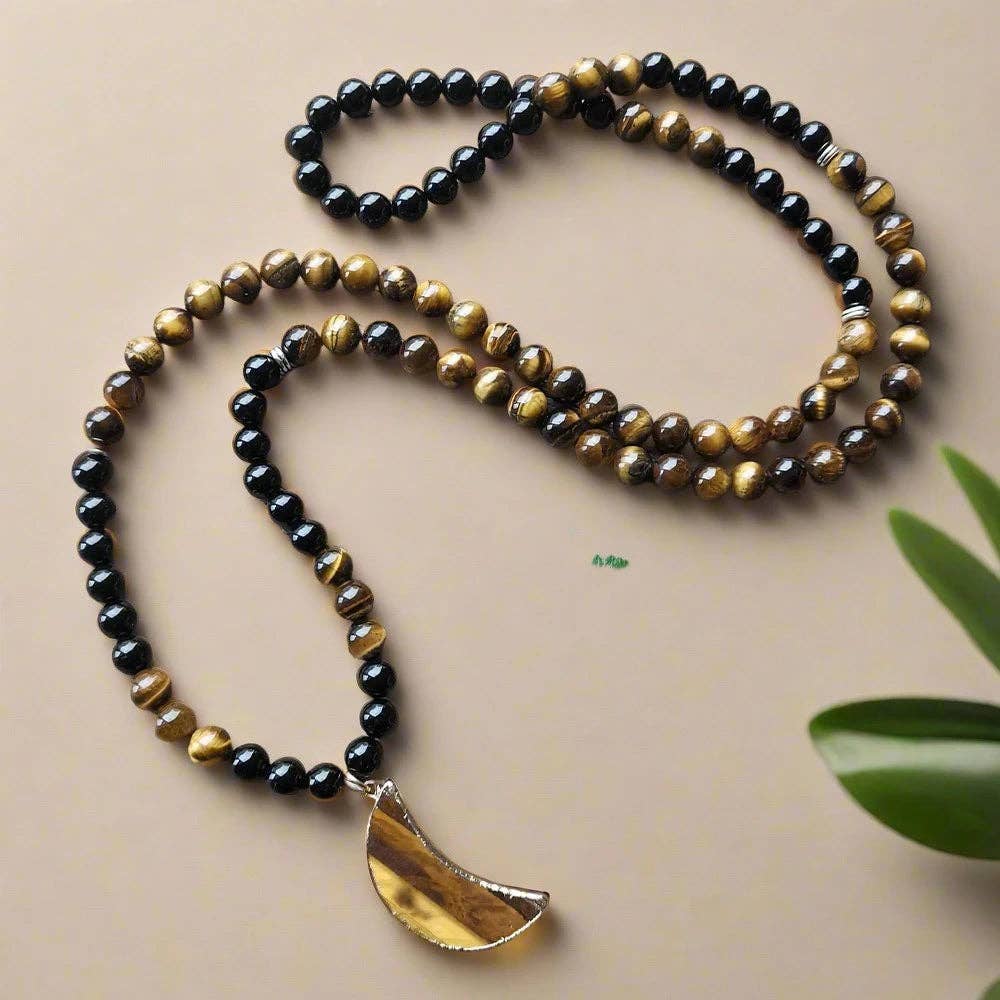 Black Onyx & Tiger Eye Moon Pendant 108 Bead Mala - Spiral Circle