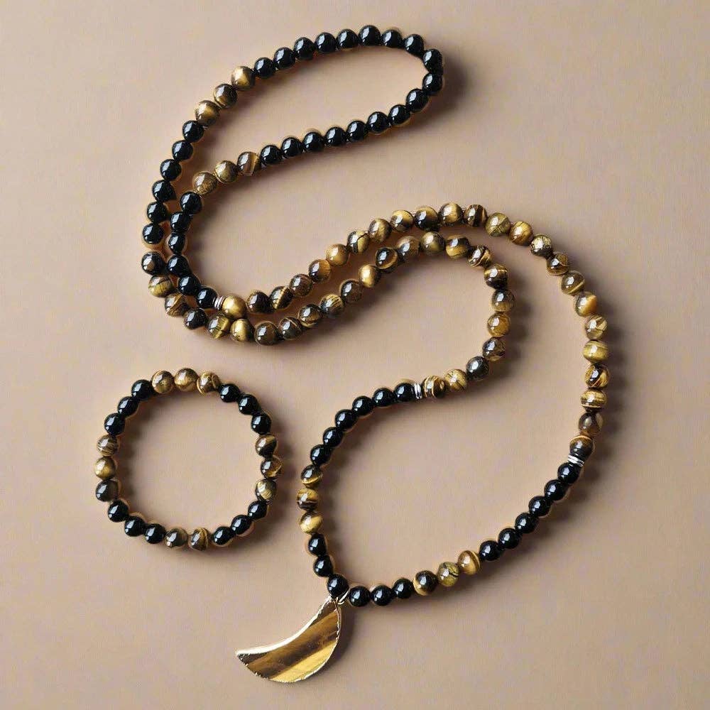 Black Onyx & Tiger Eye Moon Pendant 108 Bead Mala - Spiral Circle