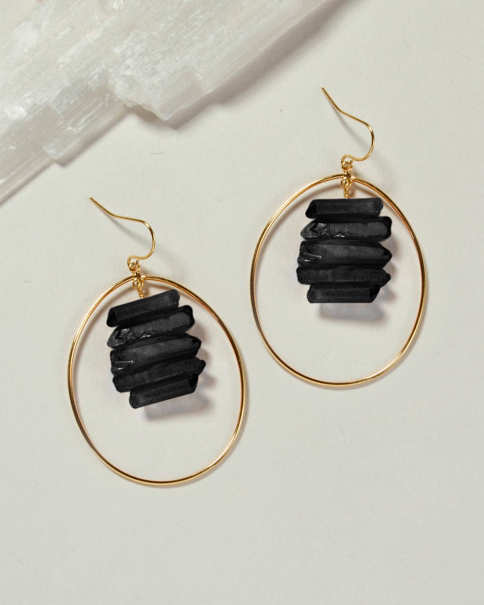 Black Quartz Gold Hoop Earrings - Spiral Circle