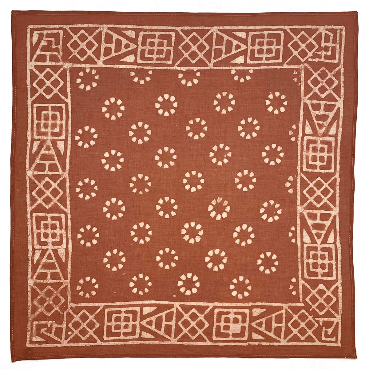 Block Printed Bandana - Brown Circles and Geometric Border - Spiral Circle