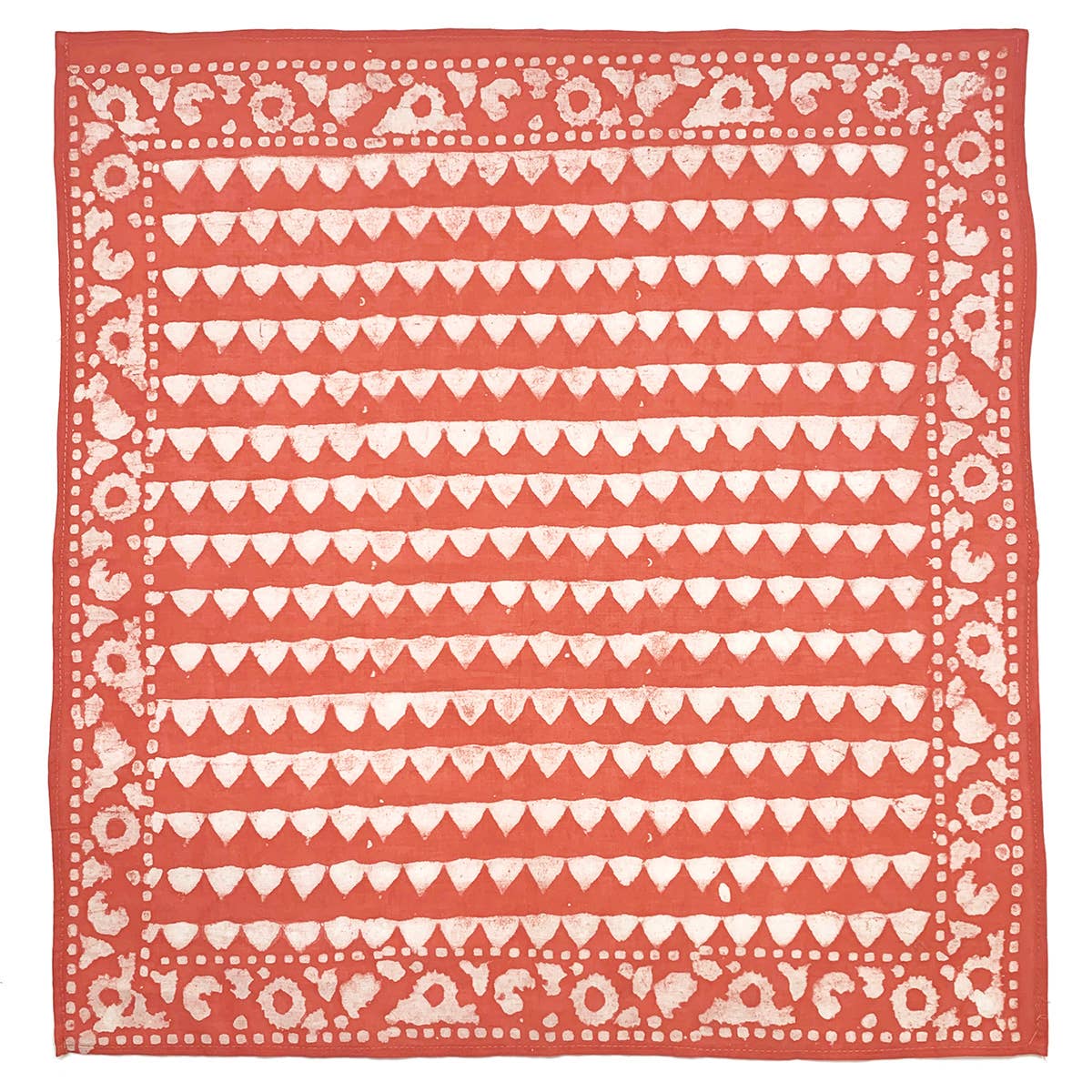 Block Printed Bandana | Red Orange Triangles Abstract Border - Spiral Circle