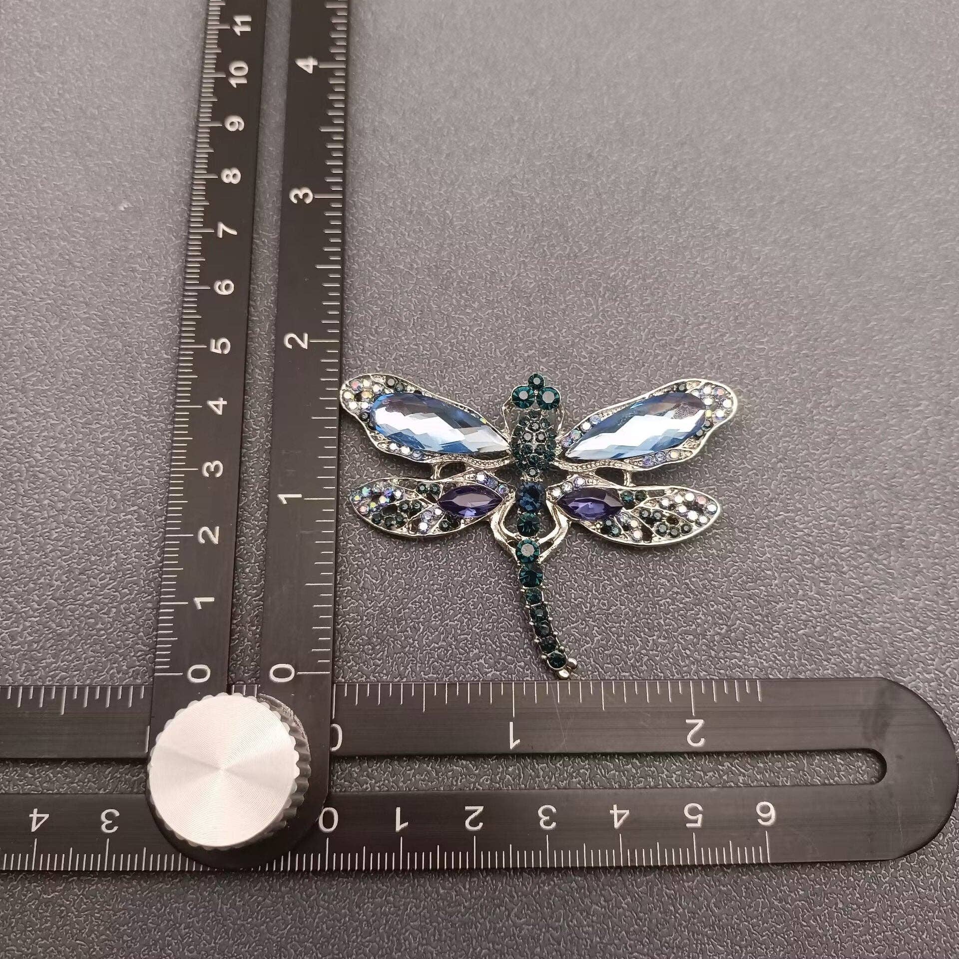 Blue Glass & Rhinestone Dragonfly Brooch - Spiral Circle