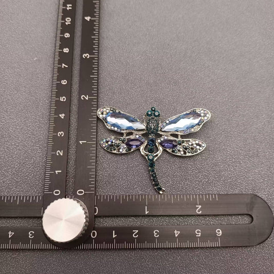 Blue Glass & Rhinestone Dragonfly Brooch - Spiral Circle