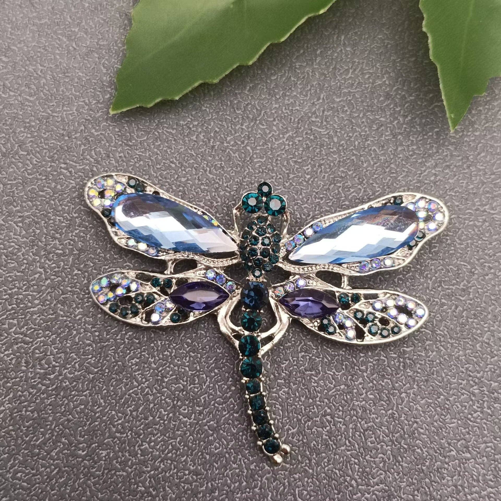 Blue Glass & Rhinestone Dragonfly Brooch - Spiral Circle