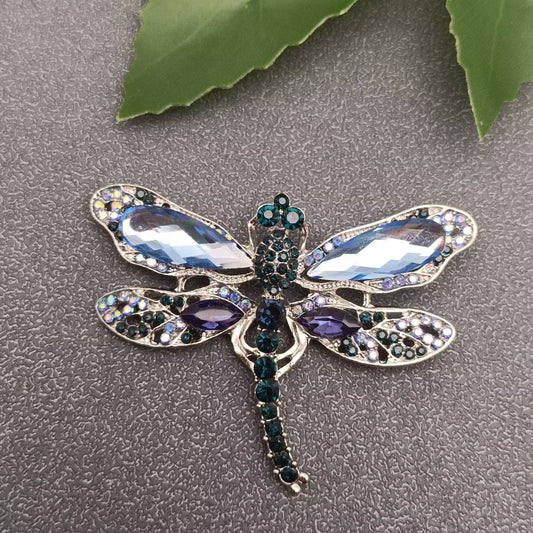 Blue Glass & Rhinestone Dragonfly Brooch - Spiral Circle