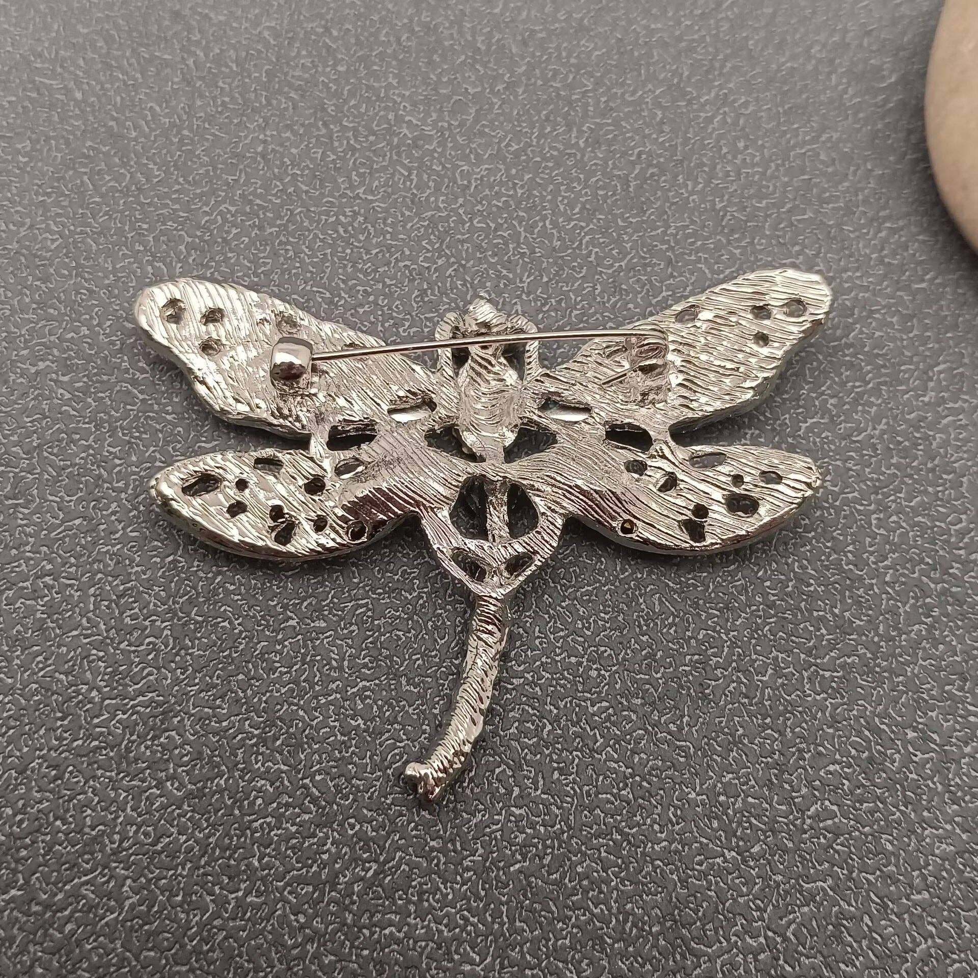 Blue Glass & Rhinestone Dragonfly Brooch - Spiral Circle