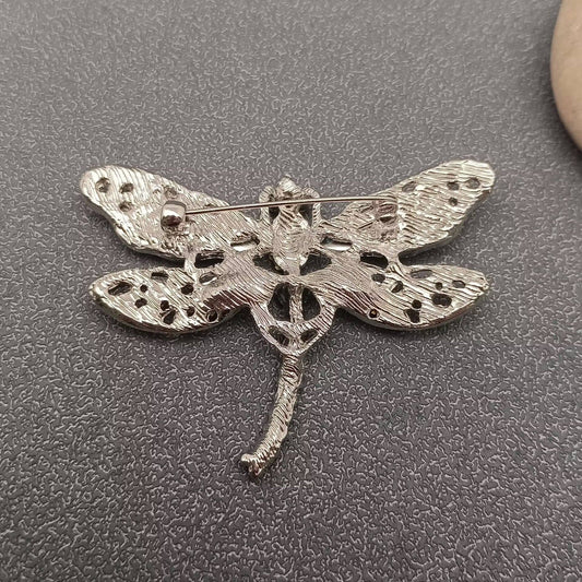Blue Glass & Rhinestone Dragonfly Brooch - Spiral Circle
