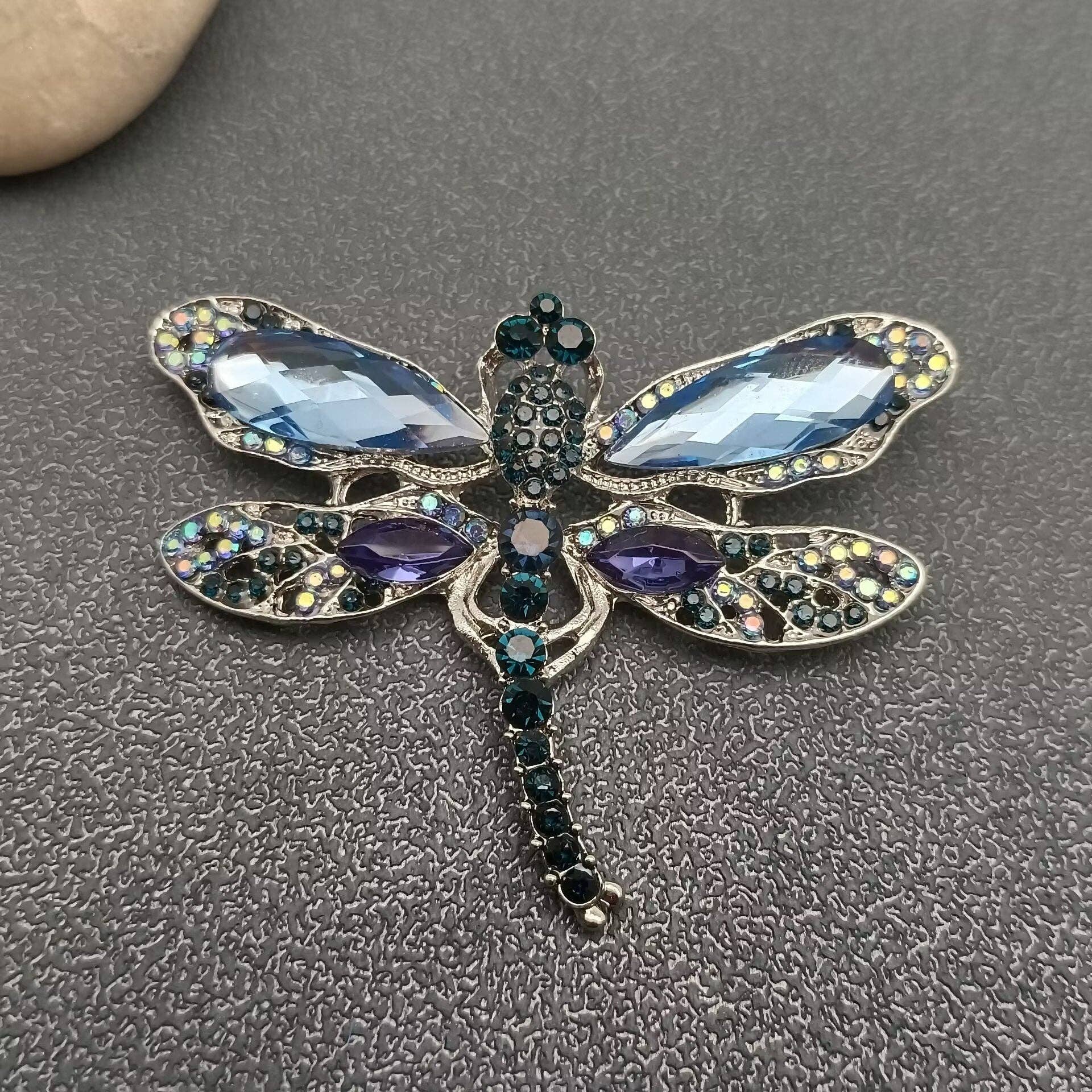 Blue Glass & Rhinestone Dragonfly Brooch - Spiral Circle
