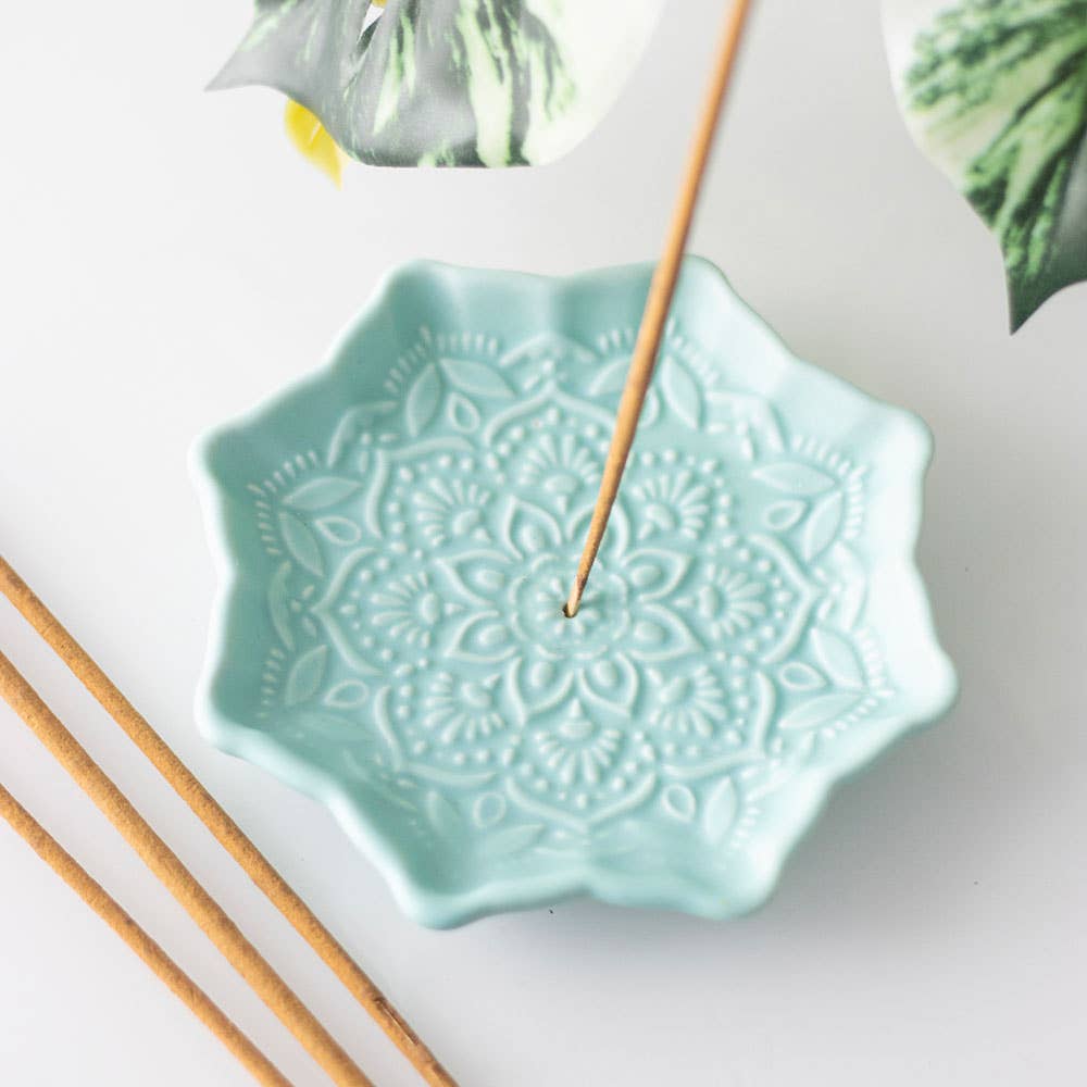 Blue Mandala Ceramic Incense Holder Plate - Spiral Circle