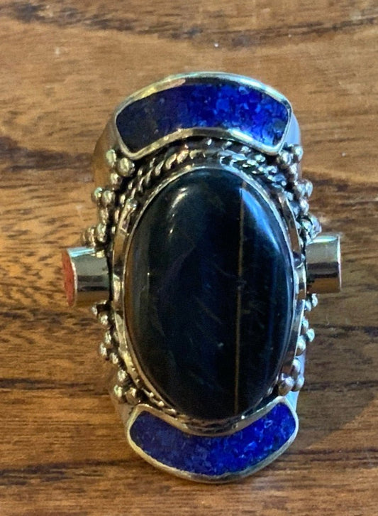 Blue Tiger Eye, Turquoise and Coral Ring | size 10 - Spiral Circle