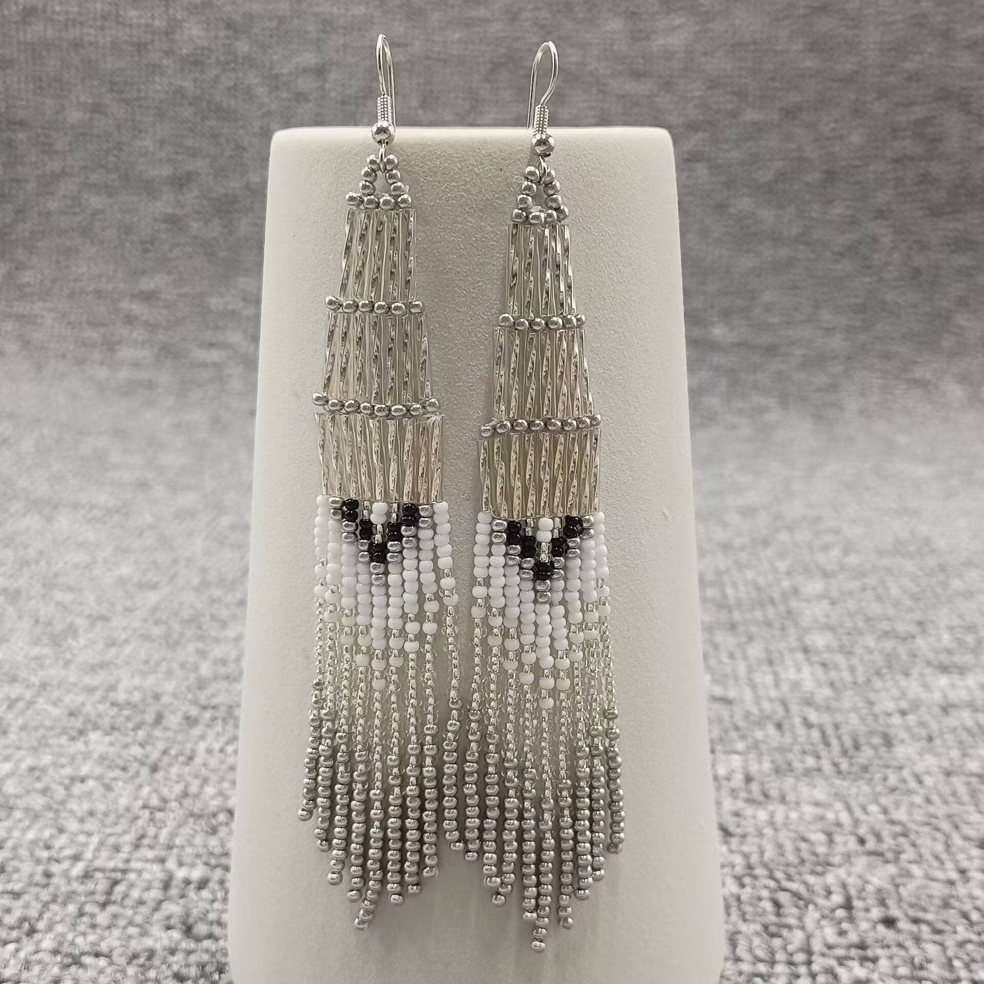 Bohemian Off - white & Grey Seed Beads Fringe Earrings - BJ/SB - Spiral Circle