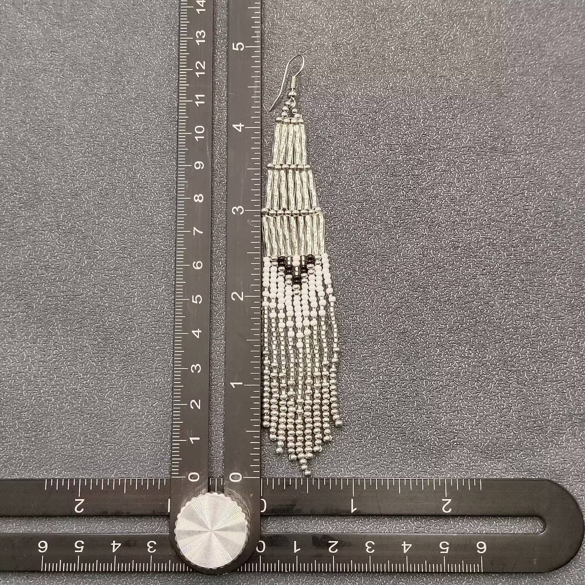 Bohemian Off - white & Grey Seed Beads Fringe Earrings - BJ/SB - Spiral Circle