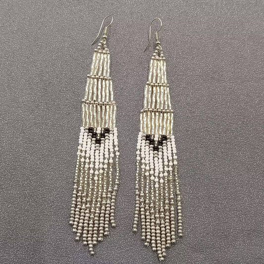 Bohemian Off - white & Grey Seed Beads Fringe Earrings - BJ/SB - Spiral Circle
