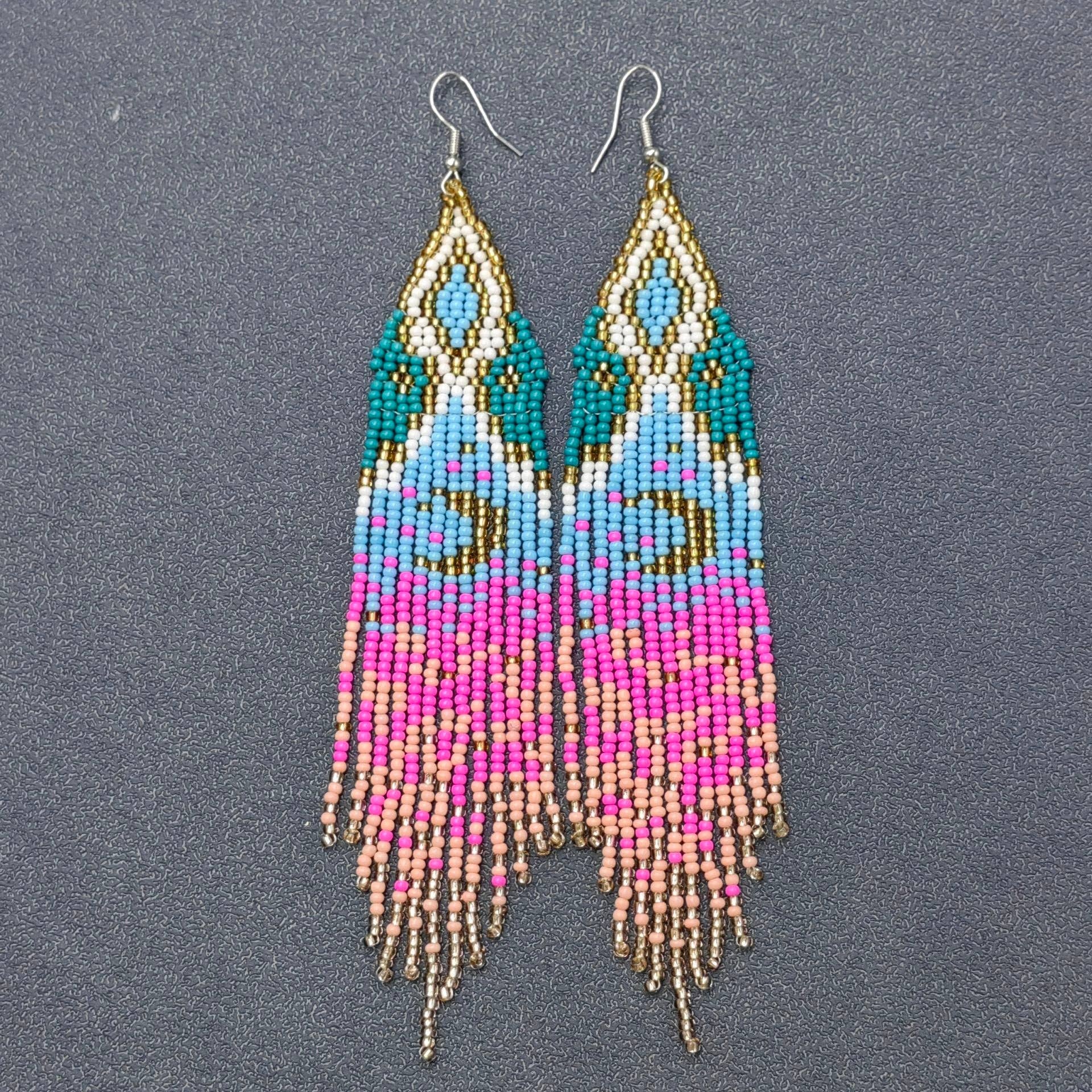 Boho Starry Sky Seed Beads Fringe Earrings - BJ/SB/MS - Spiral Circle