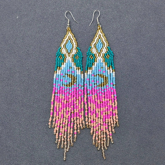 Boho Starry Sky Seed Beads Fringe Earrings - BJ/SB/MS - Spiral Circle