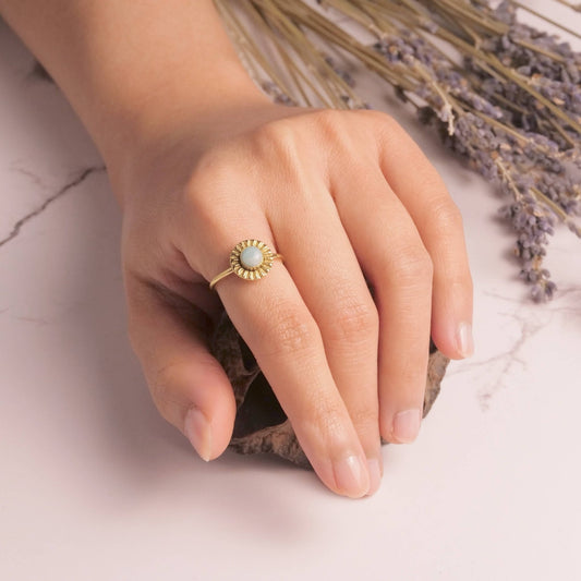 Brass Amazonite Flower Ring - Spiral Circle