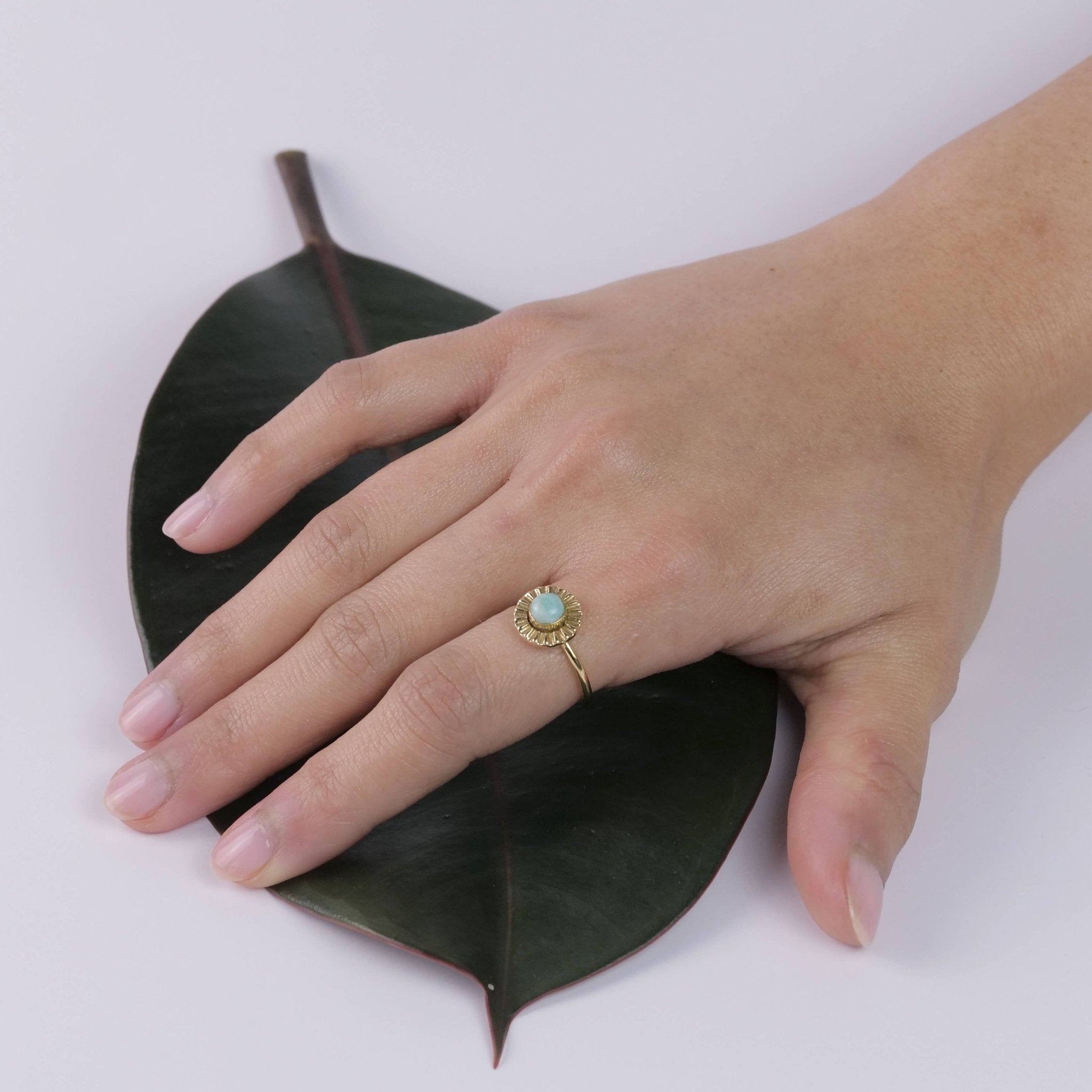 Brass Amazonite Flower Ring - Spiral Circle