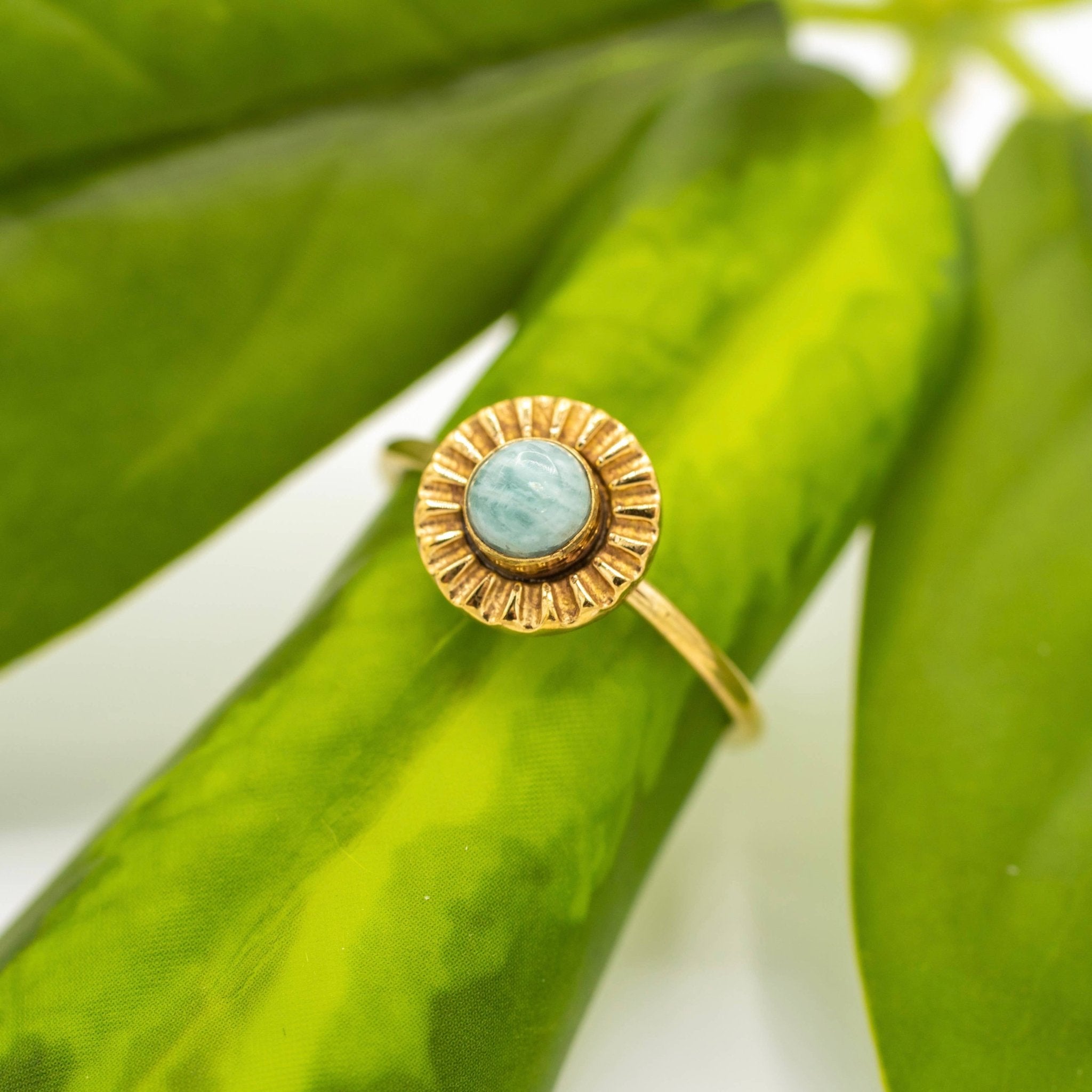 Brass Amazonite Flower Ring - Spiral Circle