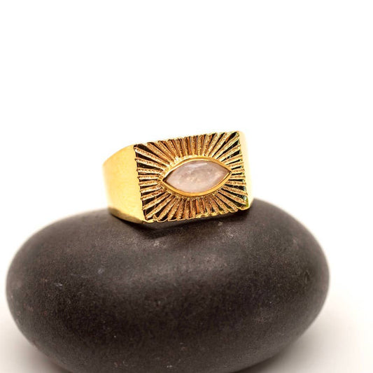 Brass Deco Moonstone Sunray Ring - Spiral Circle