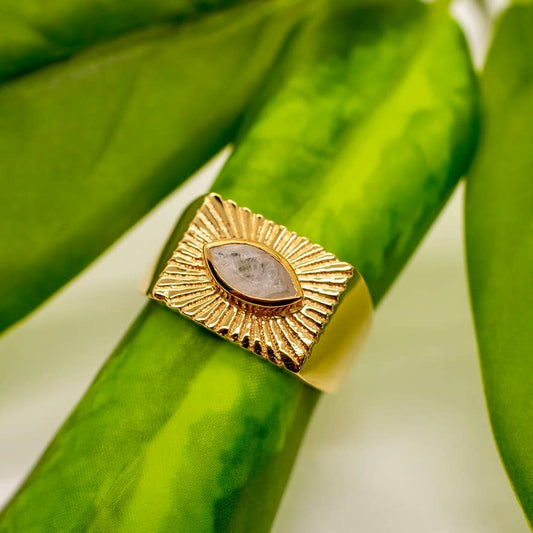 Brass Deco Moonstone Sunray Ring - Spiral Circle