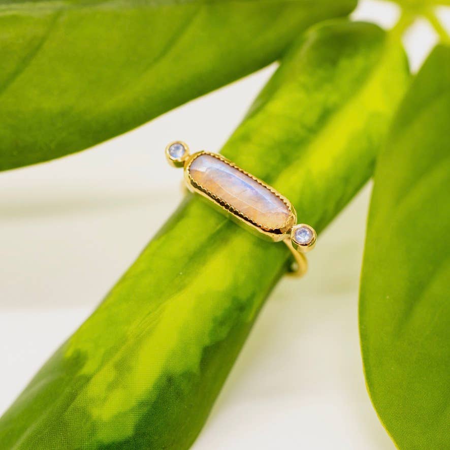 Brass Long Moonstone Ring - Spiral Circle