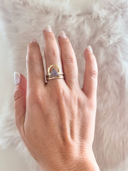 Brass Moonstone Trikona Ring - Spiral Circle
