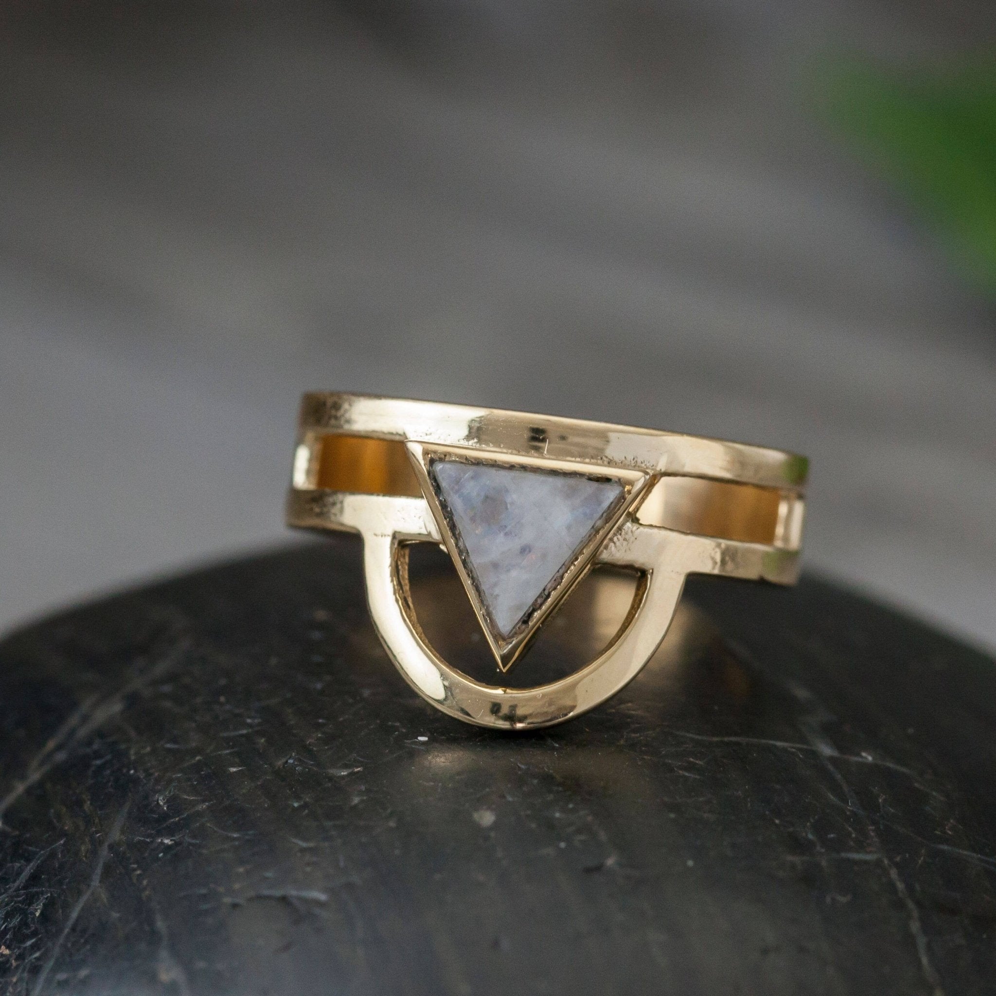 Brass Moonstone Trikona Ring - Spiral Circle