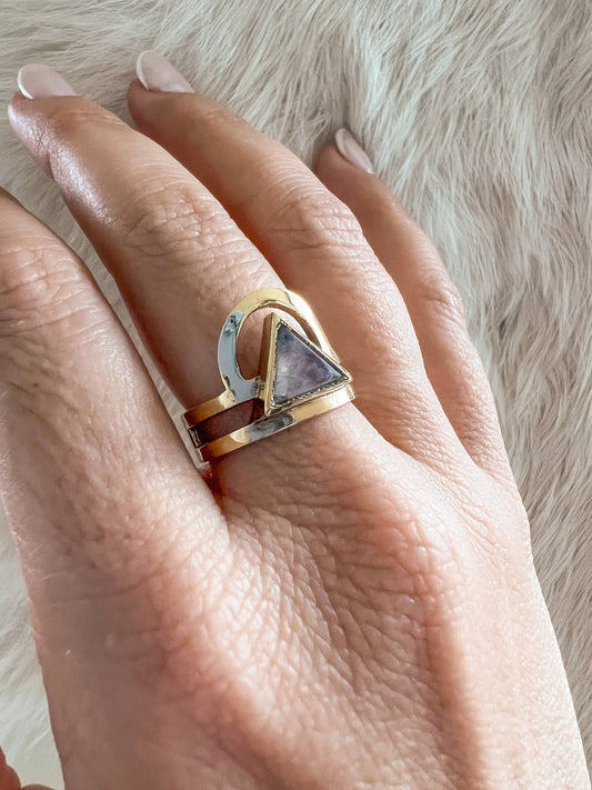 Brass Moonstone Trikona Ring - Spiral Circle