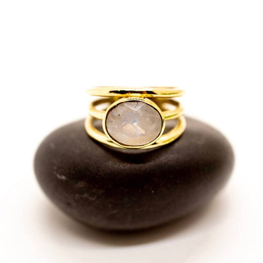 Brass Moonstone Triple Band Ring - Spiral Circle