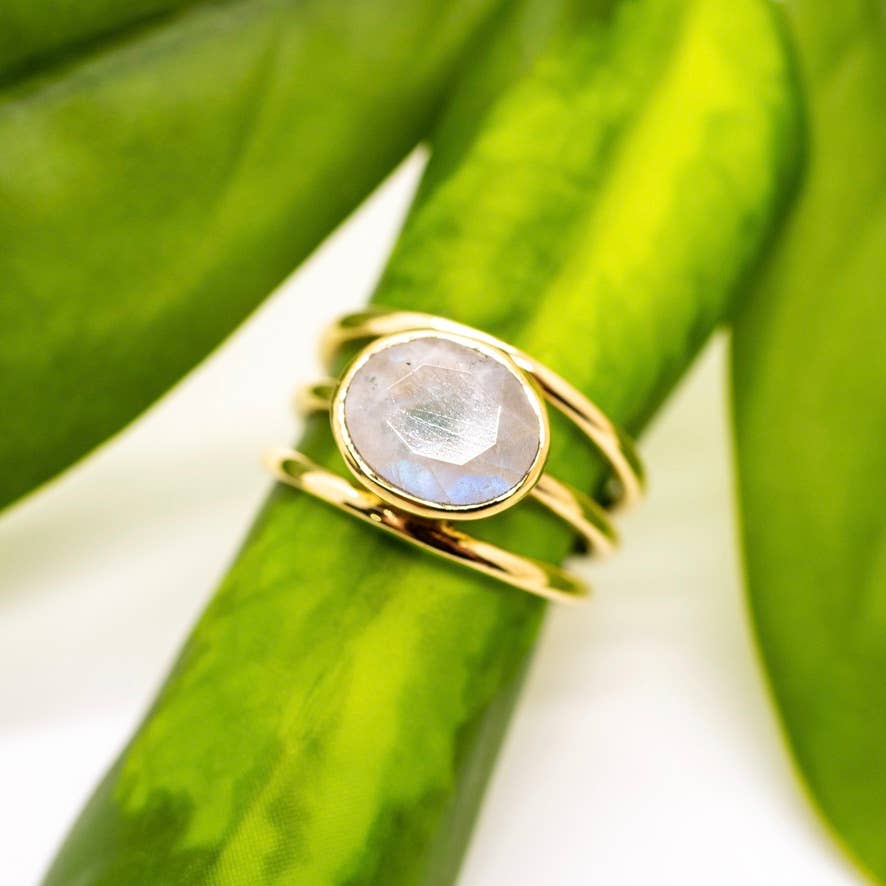 Brass Moonstone Triple Band Ring - Spiral Circle