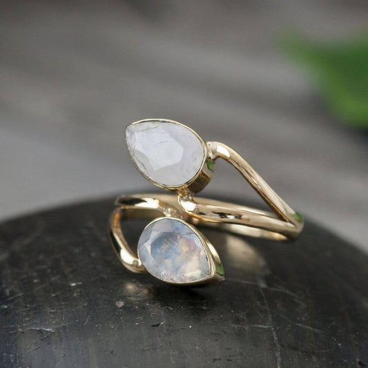 Brass Moonstone Wrap Ring - Spiral Circle