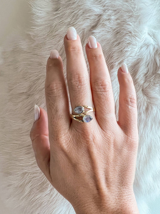 Brass Moonstone Wrap Ring - Spiral Circle