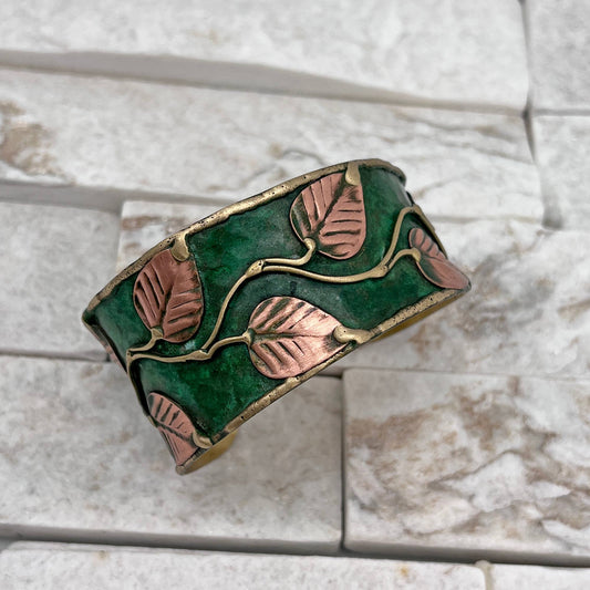 Brass Patina Cuff Bracelet | Green Leaves & Vines - Spiral Circle