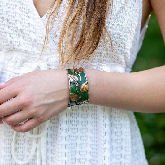 Brass Patina Cuff Bracelet | Green Leaves & Vines - Spiral Circle