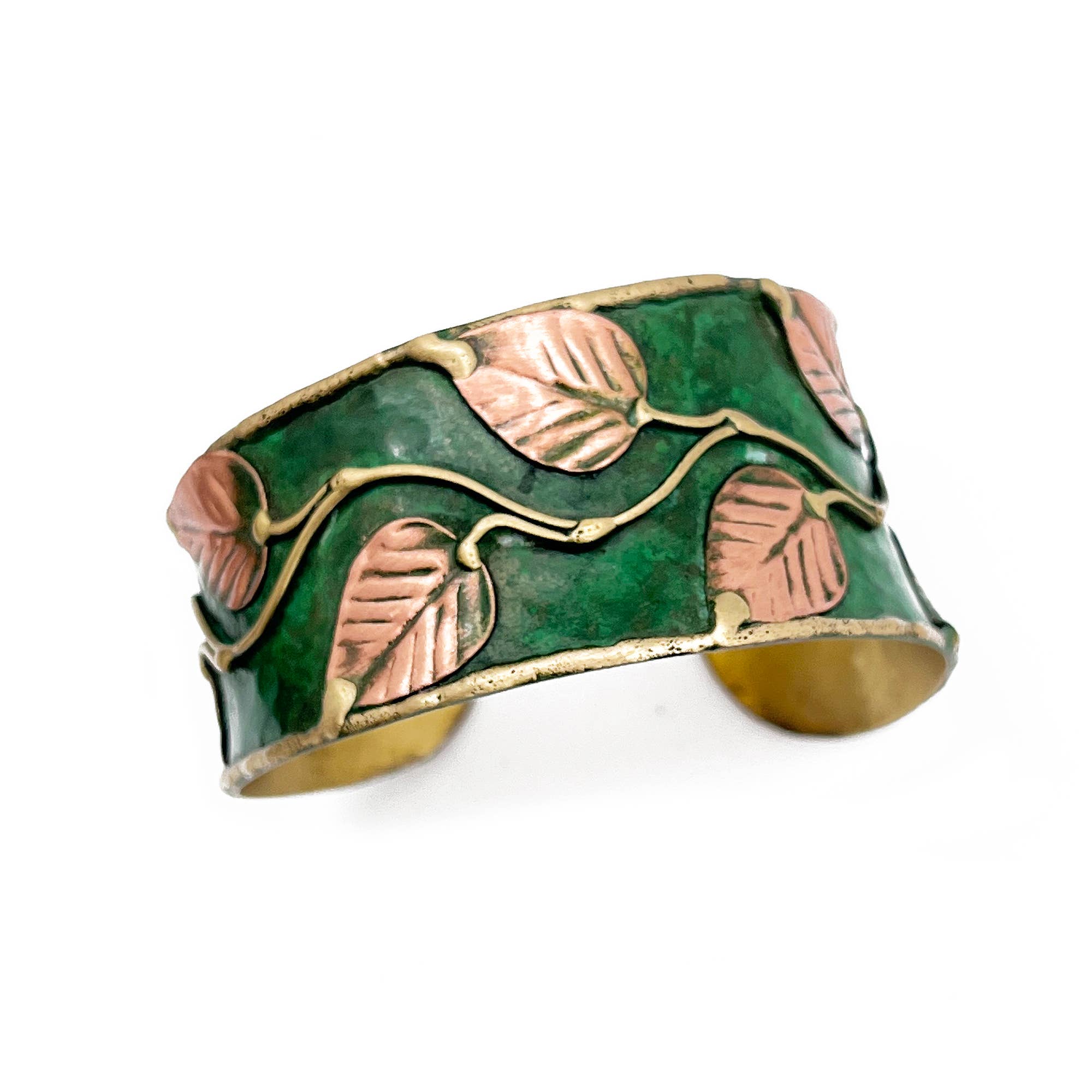Brass Patina Cuff Bracelet | Green Leaves & Vines - Spiral Circle